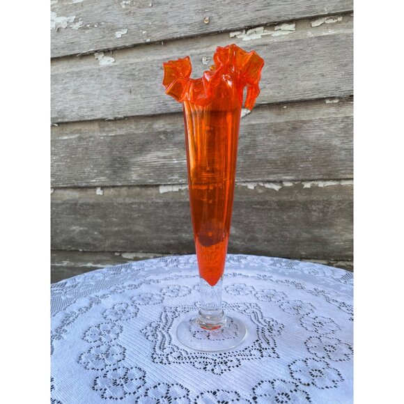 Vintage MCM Orange/Clear Ruffled Art Glass Pedestal Vase - Picture 8 of 10